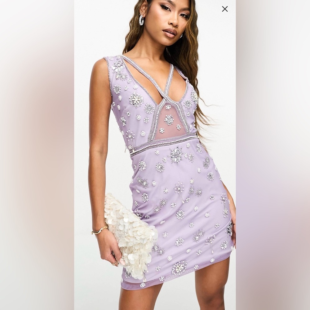 Mini dress with cross details and beaded embellishments in Lilac